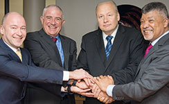 From left to right: Dr Ky&#246;sti V&#228;kev&#228;inen, vice president: Research, Development and Innovations, Laurea University of Applied Sciences (LUAS); Prof Roy Marcus, council chairperson, UJ; Prof Jouni Koski, president, LUAS; Prof Ihron Rensburg, vice-chancellor, UJ.